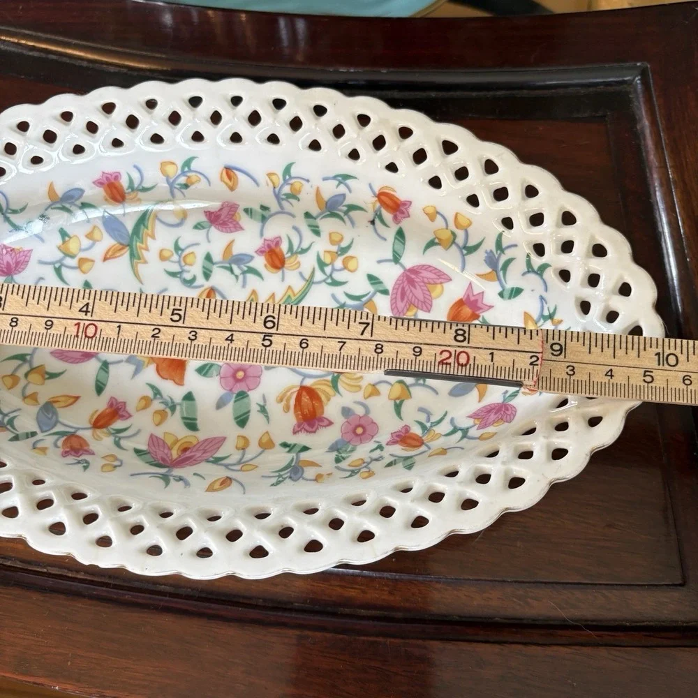 Vintage Retriculated Lace Rim Oval Dish Bright Happy Flowers 10